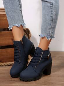 1 đôi bốt cổ ngắn unisex màu trơn, thời trang, năng động, thích hợp đi làm, hoạt động ngoài trời, có khóa kéo và khóa cài bên hông, bốt cao gót nữ, phù hợp cho kỳ nghỉ, tiệc tùng, hoạt động ngoài trời, mọi mùa, bốt cao gót đế dày chống thấm nước, màu đen - Màu xanh hải quân - Xem 3