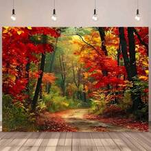 1pc 2D Banner, Autumn Forest Background Cloth, Maple Leaves & Hidden Path Design Decor, Autumn Theme Birthday Party Background, Photography Studio Prop