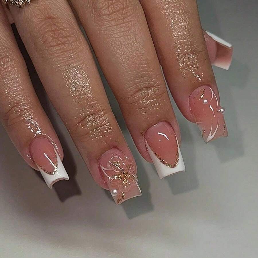 Flower Press On Nails Medium Square Fake Nails White French Tip False Nails With Floral Pearl Designs Golden Glitter Handmade Press On Nails Full Cover False Nails For Women Nail Art 24 Pcs -It Is Important For Beauties - Style10 - View 1
