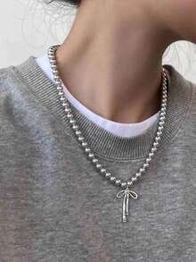 1pc Grey Bow Pearl Necklace For Women, 2025 New Style, High-End Sweater Chain, Fashionable Neck Chain - XUXL203 - View 1