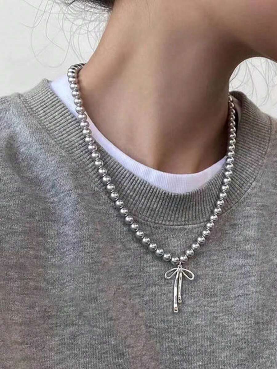 1pc Grey Bow Pearl Necklace For Women, 2025 New Style, High-End Sweater Chain, Fashionable Neck Chain - XUXL203 - View 1