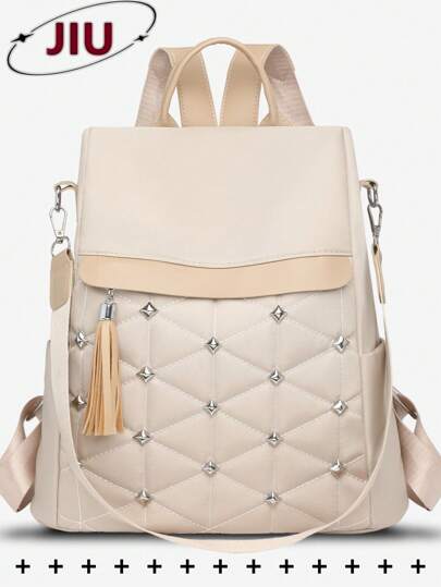 Anti-Theft Rivet Tassel Backpack Women Purse, Multi-Functional Fashion Day Bag, Multi-Pocket Lightweight Travel Bag, Large Capacity Simple School Bag, Convenient Book Bag, For Students, Travel Vacation, Business Trip, Daily Commuting, Shopping, Office, Dating, Outdoor, Birthday Gift, Holiday Gift, Mochilas