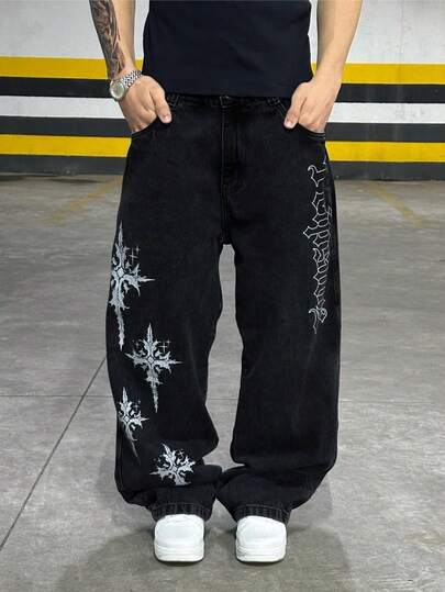 Grunge Goth Y2K 风格男士休闲宽松阔腿直筒百搭刺绣图案牛仔裤，时尚个性化街头服饰，适合工作、通勤、舞台表演、与朋友聚会、户外穿着