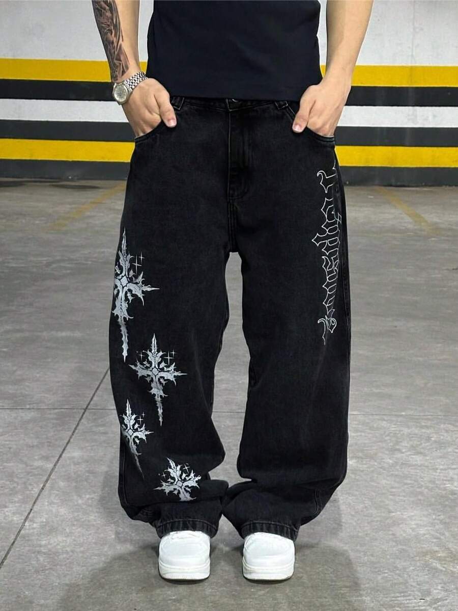 Grunge Goth Y2K Style Men's Casual Loose Wide Leg Straight Versatile Embroidered Pattern Jeans, Fashionable Personalized Street Wear, Suitable For Work, Commute, Stage Performance, Hangout With Friends, Outdoor Wear