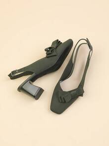 1 Pair Square Toe Slip-On Shoes With Bowknot, Solid Color Backstrap Chunky Heel Pumps For Women, Suitable For Outdoor Walking, Party, Office, Skirts, Casual Pants