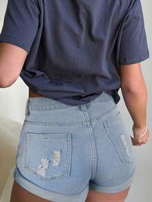 Quần short denim cạp chun bó sát dành cho nữ, quần short mùa hè thoải mái và giản dị - Rửa nhẹ - Xem 2