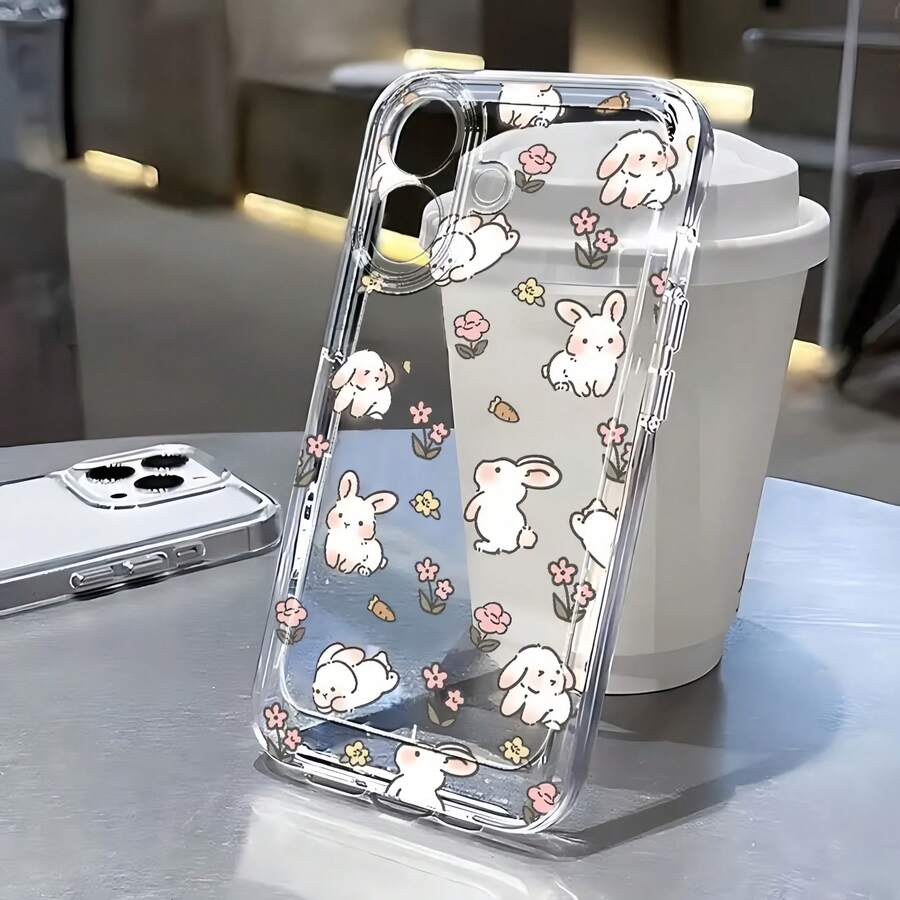 Bunnies 1pc Cute Rabbit & Floral Pattern Transparent Shockproof TPU Phone Case Compatible With Apple & Series - Multicolor - View 1