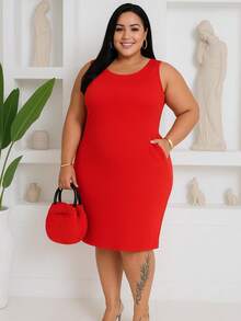 Plus Size Midi Dress With Waist And Modern Casual Shapewear - Đỏ - Xem 2