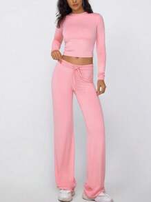 Conjunto de ropa de estar en casa con Top corta de manga larga y pantalones rectos de pierna recta para mujer 2025, conjunto de pijama con top de cuello redondo cómodo y conjunto Trousers, conjuntos de pantalón de mujer, ropa infantil para primavera y otoño, Set de pantalones de yoga, moda de mujeres, pijas, prendas para mujeres