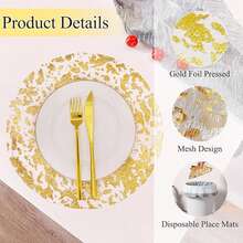 1 Set Of 10pcs 13-Inch (Approx. 33.0cm) Gold Foil Grid Embossed Disposable Placemats, 6pcs Gold Metallic Charger Plates Suitable For Dining Table, Wedding, Birthday Party, Holiday Home Decor