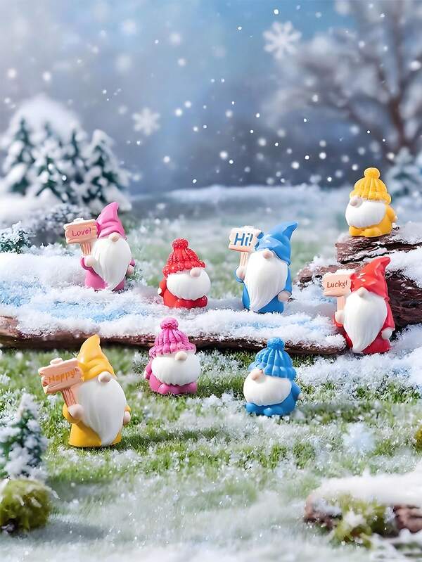 8pcs Cute Mini Resin Gnomes Statues Ornaments,8 Styles Cute Fairy Miniature Gnome Figurines Set For Miniature Garden, Fall, Winter, Thanksgiving, Christmas Decorations, Potted Plant Decor, Micro Landscape Craft, Garden Decoration, Car Interior Accessories, Birthday Party Gifts