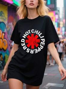 EWHRed Hot Chili Peppers Distressed Women's Black Cute Women's Tops With Unique Front Design, Perfect For Summer - 黑色 - 查看 6