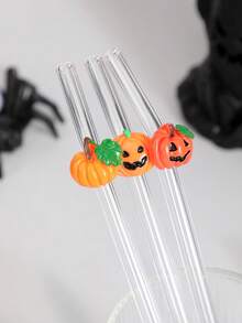 1-5 piezas/Set de pajitas de vidrio reutilizables con patrón de calabaza de Halloween, adecuadas para bebidas heladas, té de la tarde, batidos, smoothies, refrescos, leche con té, jugos y otras bebidas frías, ideal para fiestas de Halloween y bebidas festivas, libre de plomo, festivo, regalo de Halloween - Estilo A - Ver 3