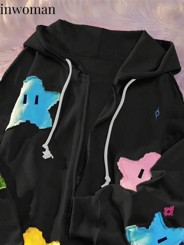 هودي نسائي فضفاض للشارع في فصل الخريف، كم طويل مطبوع مع سحاب وتطريز، هودي مناسب للشارع من طراز Y2K