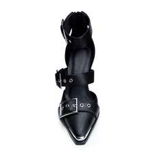 Western Chunky Sandals For Women Pointed Toe Block Heels Faux Leather Metal Buckle Strappy Pumps Ankle Strap Western Sandals - 黑色 - 查看 6
