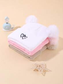 3 件 Baby Love 刺绣冬季厚针织帽，可爱的帽子适合男婴和女婴，带有双绒球设计。圣诞节/感恩节礼物 - 彩色 - 查看 5