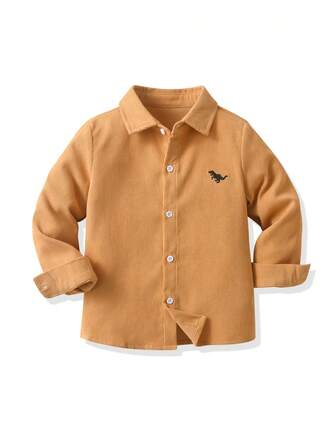 男童恐龙刺绣纯色长袖衬衫、幼儿及儿童灯芯绒外套、休闲百搭外套