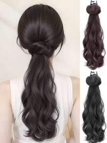 圣诞派对假发马尾，镶钻，波浪卷发马尾发夹，自然优雅发型假发爪（可拆卸蝴蝶结，二合一套装）冬季发饰爪夹 冬季发爪 - 彩色 - 查看 1