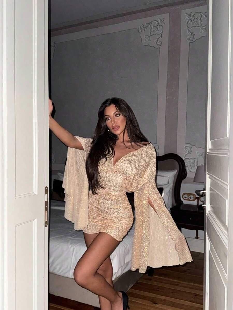 Women's Elegant Solid Color Backless Split Hem Ruffle Formal Party Evening Dress, Suitable For Wedding And Formal Dinner - Gold - View 1