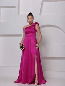 Long Dress For Bridesmaid – One Shoulder With Ruffle And Slit Elegant Simple Elegant Party Satin Side Opening Zipper Pleated Bridesmaid Civil Wedding Debutante Graduate Formal And Evening - 玫瑰紅 - 查看 11