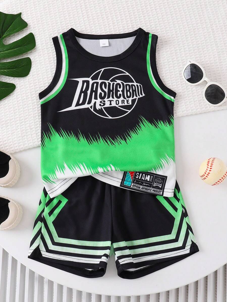 2pcs/Set Summer Numeric 24 Print Mesh Round Neck Tank Top And Shorts Set, 3-7 Years Old Student, Casual, Sports, Basketball - Green - View 1