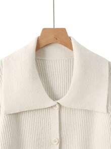 1pc Women's Solid Color Collar Cardigan, Knitted, Front Button Pocket, Ribbed, Suitable For Return To School, Party, Travel And Everyday Wear