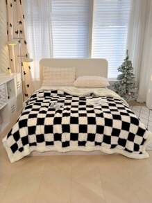 1 pieza de doble capa de piel sintética de panda a cuadros, guadaña de cordero, manta, adecuado para uso en todas las estaciones en dormitorio, sofá, oficina, cama - Cuadrícula en blanco y negro - Ver 6