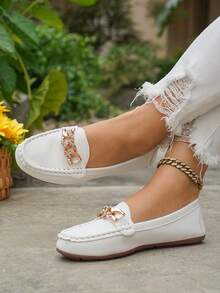 女士春季新款金链优雅一脚蹬乐福鞋，轻便舒适百搭橡胶平底鞋 - 白色-鏈條 - 查看 3