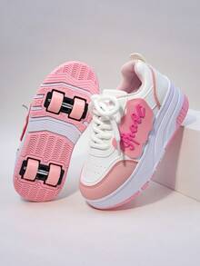 Kids Wheeled Skate Shoes, 4 Wheels Removable Dual-Use Athletic Sneakers, Lace-Up Heelys Roller Skate Shoes, Fashion Casual Shoes For Boys & Girls, Children Students - Pink - View 6