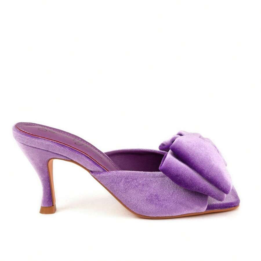 So Me Gelina Tacón de Gatito con Lazo Grande de Terciopelo Morado, Slip On, Sexy, Fiesta, Primavera/Verano - Morado - Ver 1