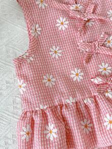 2pcs Girls Daisy Print Plaid Top And Pants Set, Summer - Pink - View 8