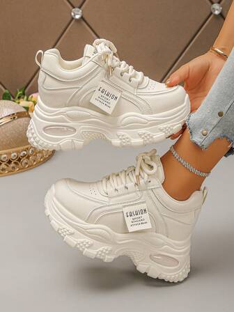 Beige Thick Sole Platform Sneakers For Women, Height Increasing