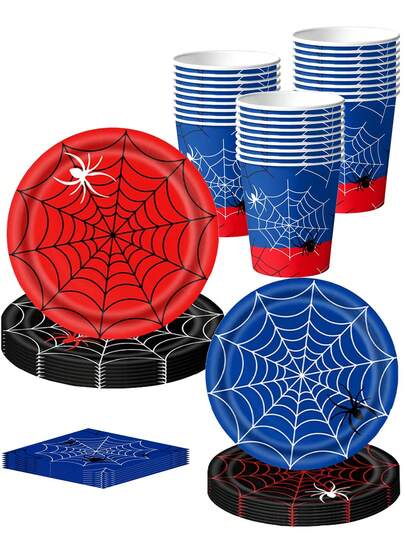 10 PCS Halloween Paper Plates And Napkins, Disposable Party Supplies, Spider And Web Cutlery Decorative Favors, Including 9 "And 7" Plates, 9 OZ Cups And Napkins For Halloween, Birthdays, Parties, And Everyday Use