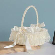 Flower Girl Hand Basket Artificial Floral Decor Woven Hamper Petal Storage Lace Wedding Basket