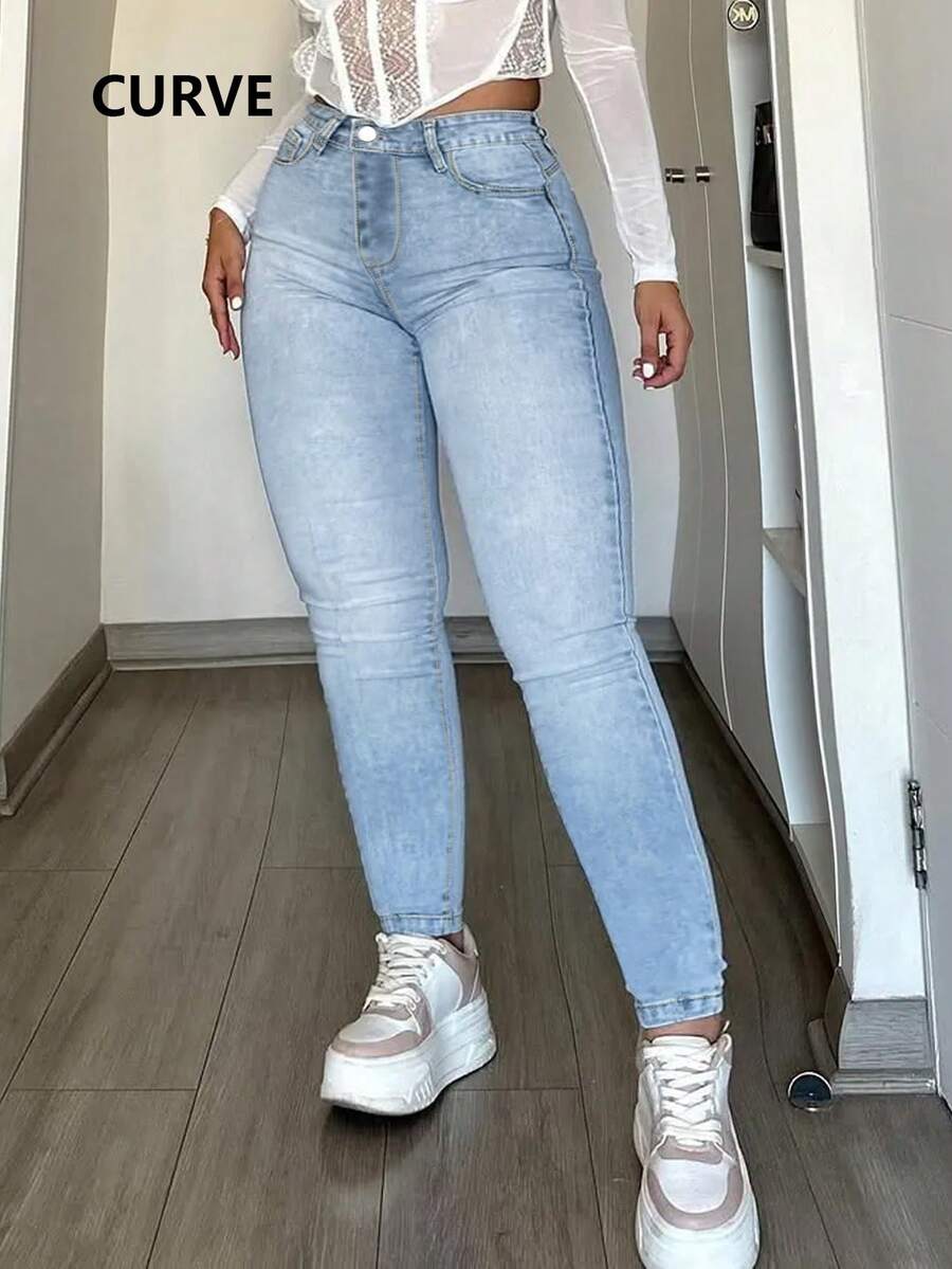 Fashion Versatile Solid Color Mid-Waist Large Size Jeans Four Seasons Female Small Feet Lift Buttocks Sexy Tight Pants Female - 淺色水洗藍 - 查看 1