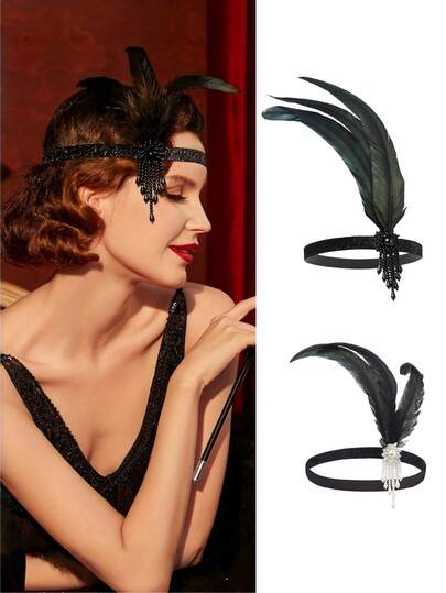 1 件 20 世纪 20 年代带黑色羽毛的轻佻女郎头带、万圣节派对化妆舞会头饰、万圣节服装性感羽毛头饰、角色扮演头饰、单件派对头饰
