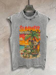A Turtle On Vacation Print New Men's Premium Printed 230G Heavy Pure Cotton Washed And Aged Waistcoat Sleeveless Vest Men's T-Shirt, Summer Casual T-Shirt Casual T-Shirt - 灰色 - 查看 1