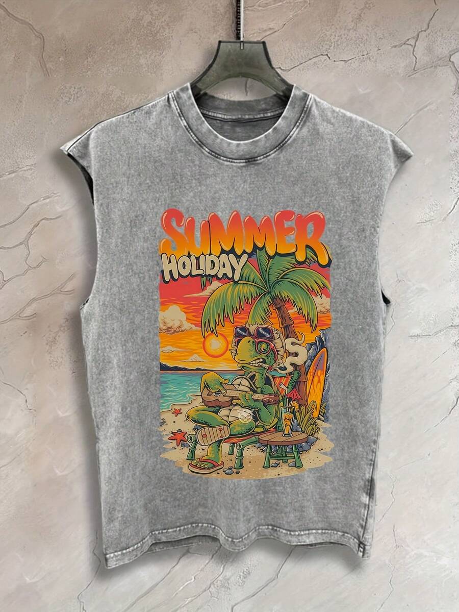 A Turtle On Vacation Print New Men's Premium Printed 230G Heavy Pure Cotton Washed And Aged Waistcoat Sleeveless Vest Men's T-Shirt, Summer Casual T-Shirt Casual T-Shirt - 灰色 - 查看 1