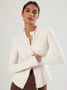 VUTRU Women's Slim Fit Sports Jacket With Thumb Holes And Stand Collar - Khaki - View 10