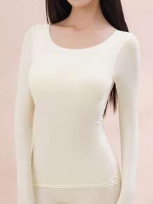 2pcs Women's Ultra-Thin Underwear Set, Soft & Comfortable Round Neck Long Sleeve Base Layer Top, Hyaluronic Acid Skin-Friendly Seamless Skin-Friendly Shirt, Comfortable Fabric Suitable For Underwear And Sleepwear - Multicolor - View 4