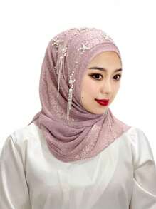 1pc Malaysian Tasseled Solid Color Beaded Floral Shawl Scarf Head Wrap, Elastic Turban Style, Muslim Headwear