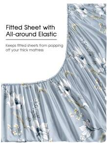 4件套蓝色花叶图案床上用品套装，柔软超细纤维易护理床上用品套装，花卉图案床单套装（1张床单+1张床笠+2个枕套），送给父母、朋友的礼物，宿舍床上用品，返校季必备