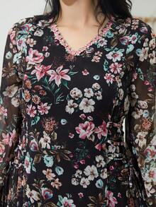 女士雪纺花卉印花V领长袖优雅卡夫坦连衣裙 - NC105 - 查看 7