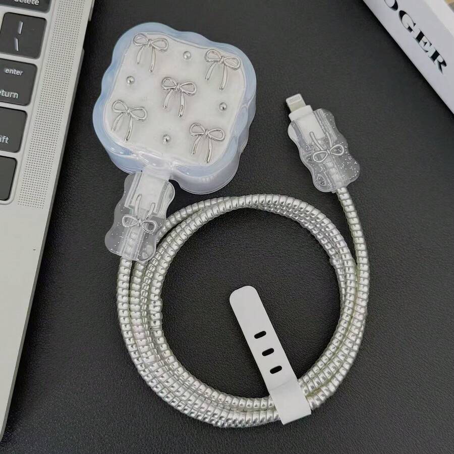 5pcs Silver Bow Design Scratch & Break Resistant Fast Charging 20W UK Plug Adapter Cover & Data Cable Protector Compatible With Iphone - Clear - View 1