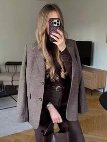 Blazer de mujer estilo pata de gallo de manga larga con bolsillos, chaqueta de entretiempo