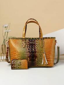 Classic Elegant Women's Bag Set,Fashionable Large Capacityr Bag Single Shoulder Bag,Crocodile Pattern Tote Bag,Light Luxury High-End Real Texture Crocodile Pattern Handbag - 6#黃+棕 - 查看 1