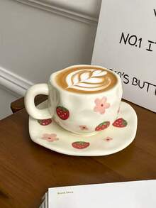 1 件复古草莓花陶瓷杯，手绘蝴蝶和樱桃不对称形状咖啡杯，茶拿铁杯，早餐牛奶杯，水杯，返校礼物