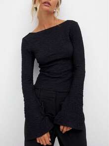 女士纯色扭结喇叭袖露背长袖上衣，时尚休闲百搭的春夏外套，黑色 - 黑色 - 查看 6