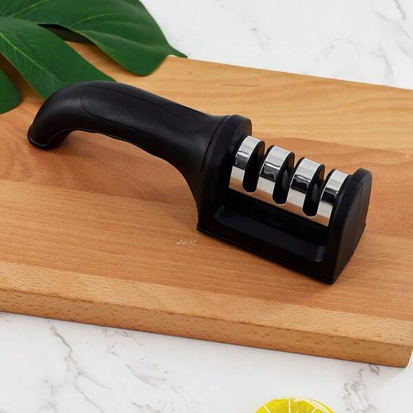 1pc 3-Stage Knife Sharpener With Black Handle (ABS + Ceramic + Diamond Coated Stainless Steel)