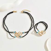 2 件套双层串珠波西米亚风格心形串珠项链和手链套装，适合休闲、约会、度假、户外、精致珠宝 - 黑色 - 查看 8